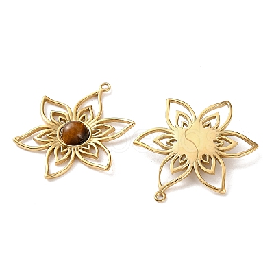 Natural Tiger Eye Hollow Metal Pendants STAS-P356-38G-01-1