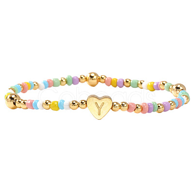 Summer Stainless Steel Heart Alphabet Colorful Glass Seed Beaded Stretch Bracelets for Women JV8929-51-1