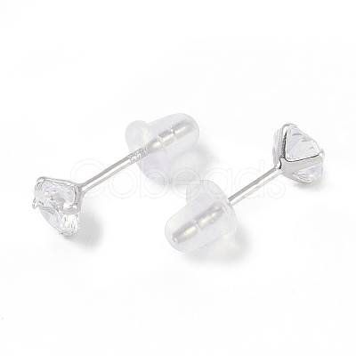 Rhodium Plated Diamond Shape 999 Fine Silver Cubic Zirconia Stud Earrings for Women EJEW-S215-06P-1
