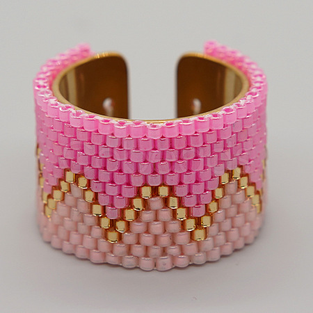 Adjustable Bohemian Style 304 Stainless Steel and Glass Seed Beads Cuff Rings FS-WG09053-11-1