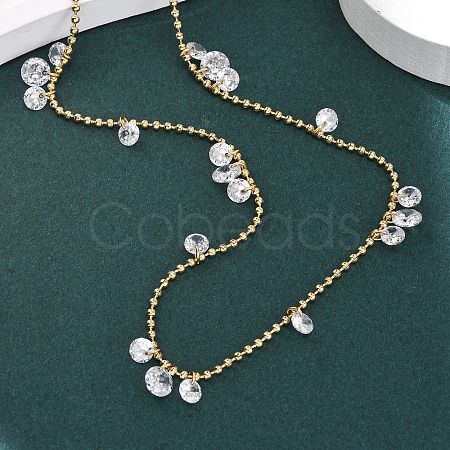 304 Stainless Steel Ball Chain Colorful Cubic Zirconia Flat Round Tassel Necklaces for Women LS-NJEW-A051-03G-02-1