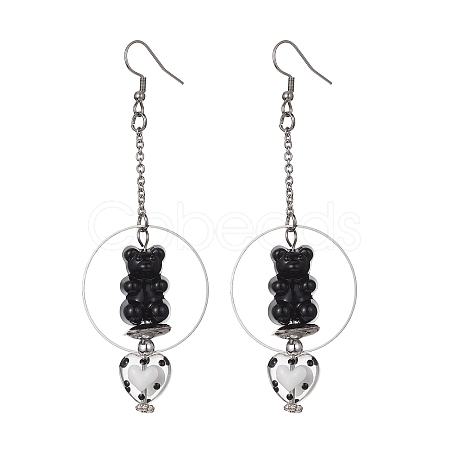 Acrylic Bear & Lampwork Heart Dangle Earrings EJEW-JE05416-01-1