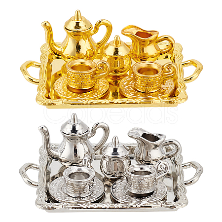 2 Sets 2 Colors Alloy Teacup & Saucer & Teapot Set AJEW-GO0001-72-1