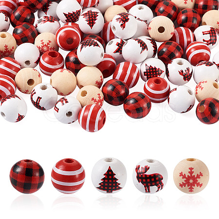 100Pcs 5 Style Christmas Themed Dyed Natural Wooden Beads WOOD-BT0001-07-1