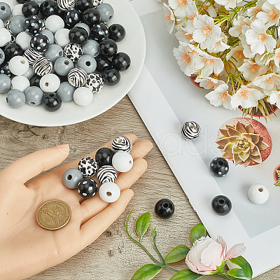 6 Styles Painted Natural Wood Beads WOOD-SP0001-10-1