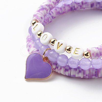 3Pcs 3 Style Natural Dyed Malaysia Jade & Acrylic Word Love Beaded Stretch Bracelets Set with Alloy Enamel Heart Charms BJEW-JB08924-04-1