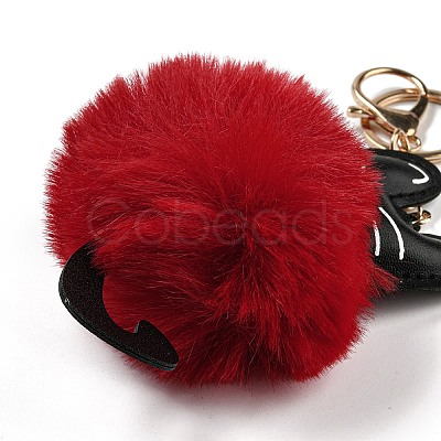 Cute Cat PU Leather & Imitate Rex Rabbit Fur Ball Keychain KEYC-C005-01E-1