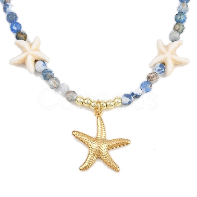 Synthetic Turquoise & Dyed Natural Agate Faceted Round Beaded Starfish 304 Stainless Steel Pendant Necklaces for Women NJEW-JN05458-02-1