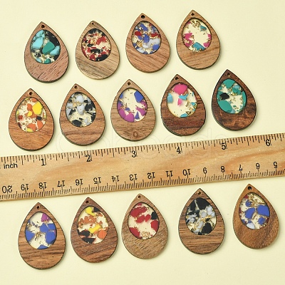 14Pcs 7 Colors Walnut Wood Resin Pendants WOOD-FS0001-31-1