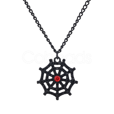 Halloween Alloy Rhinestone Spider Web Pendant Necklaces for Unisex WG8A995-05-1