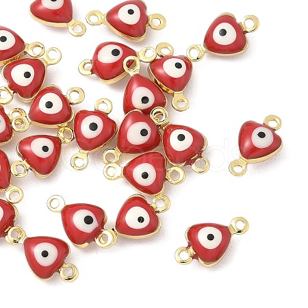 Brass FireBrick Enamel Evil Eye Heart Connector Charms KK-C097-01G-1