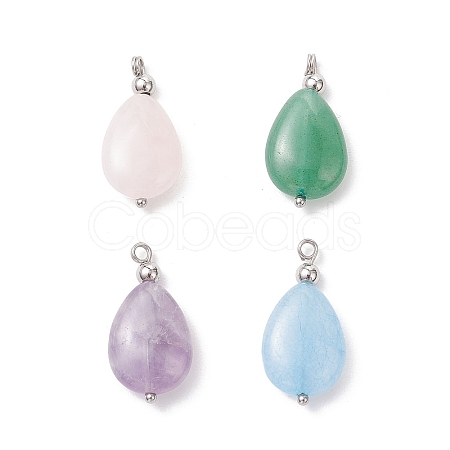 4Pcs 4 Styles Natural Amethyst & Rose Quartz & Green Aventurine & Dyed Quartz Teardrop Charms with Brass Bails PALLOY-JF04268-02-1