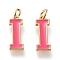 Brass Enamel Pendants, with Jump Ring, Long-Lasting Plated, Real 18K Gold Plated, Letter.I, Hot Pink, Letter.I, I: 18x6.5x1.8mm, Jump Rings: Inner Diameter: 3mm