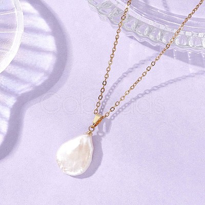 Baroque Natural Keshi Pearl Teardrop Pendant 304 Stainless Steel Cable Chain Necklaces for Women NJEW-JN05961-1