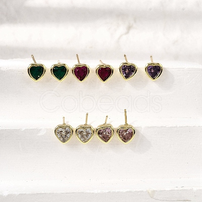 Brass Cubic Zirconia Heart Stud Earrings EJEW-L261-030G-1