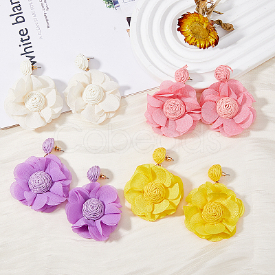 4 Pairs 4 Colors Bohemian Style Raffia Flower Dangle Stud Earrings with Iron Pins EJEW-FI0002-26-1