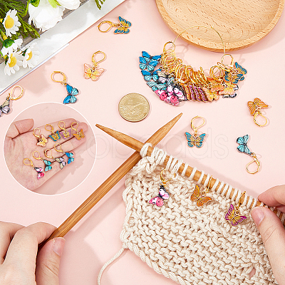 32Pcs 8 Colors Butterfly Alloy Enamel Pendant Locking Stitch Markers HJEW-HS00079-1