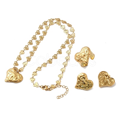 Heart 304 Stainless Steel Pendant Necklaces & Stud Earrings & Cuff Ring Sets for Women SJEW-F226-01G-1