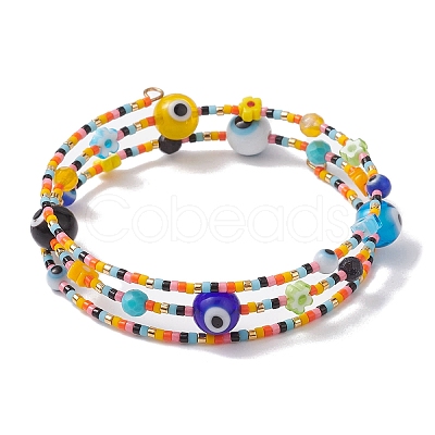 Evil Eye Lampwork & Glass Seed Bead Wrap Bracelet with Steel Wire BJEW-MZ00052-1