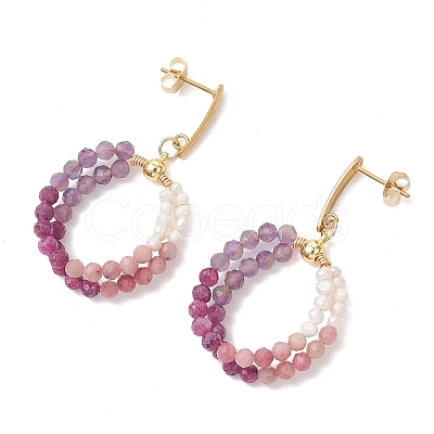 Natural Amethyst & Natural Rhodonite & Natural Ruby Faceted Round & Natural Cultured Freshwater Pearl Bead & 304 Stainless Steel Stud Dangle Earrings EJEW-JE07229-02-1