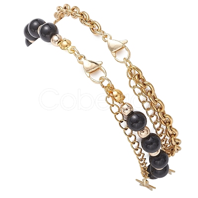 2Pcs 2 Styles Round Natural Obsidian & Synthetic Hematite Beaded Bracelets & 304 Stainless Steel Cable Chains Bracelets for Women BJEW-JB12800-02-1