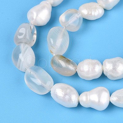 Natural Cherry Blossom Agate Nuggets & Natural Cultured Freshwater Pearl Beads Strands PEAR-N023-01A-05-1