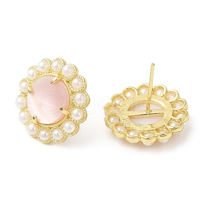 Ion Plating(IP) Natural Shell Flower Stud Earrings with Plastic Pearl Beaded EJEW-E599-04G-01-1