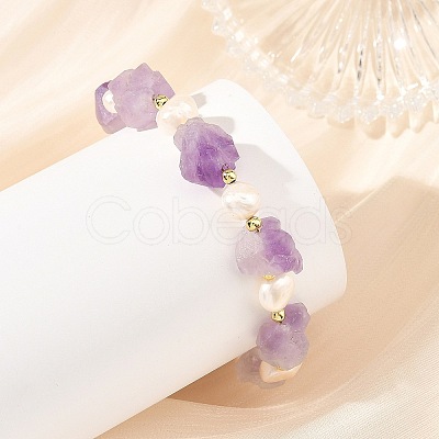 Raw Natural Amethyst Nuggets and Natural Cultured Freshwater Pearl Bead Beaded Bracelets BJEW-JB14387-01-1