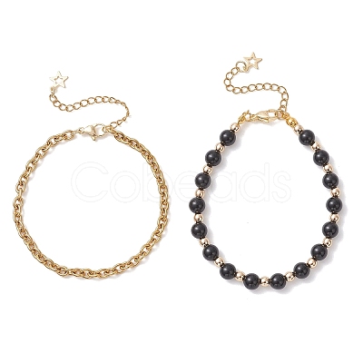 2Pcs 2 Styles Round Natural Obsidian & Synthetic Hematite Beaded Bracelets & 304 Stainless Steel Cable Chains Bracelets for Women BJEW-JB12800-02-1