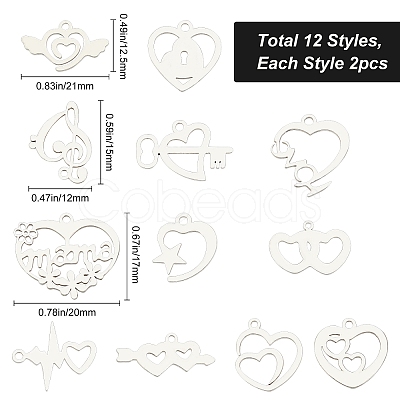 SUNNYCLUE 24Pcs 12 Styles 201 Stainless Steel Pendants STAS-SC0002-85-1