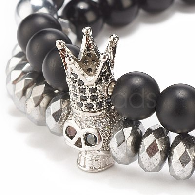 2Pcs 2 Style Synthetic Hematite & Black Stone & Natural Obsidian Stretch Bracelets Set with Cubic Zirconia Skull BJEW-JB08120-02-1