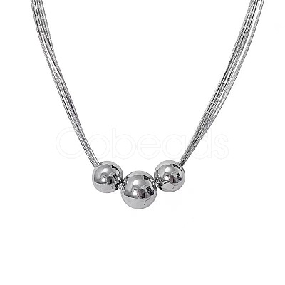 201 Stainless Steel 3 Round Graduated Beaded Pendant Necklaces FS-WGD22DA-01-1