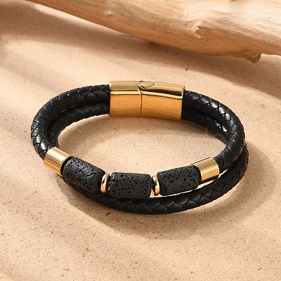 Natural Lava Rock Bead Leather Cord Multi-strand Bracelets BJEW-A009-05G-1