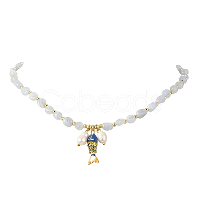 Brass Enamel Fish and Natural Pearl Rice Pendant Natural Blue Lace Agate Nuggets Beaded Necklaces for Women NJEW-JN06357-02-1