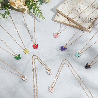 10Pcs 10 Colors Acrylic Butterfly Pendant Zinc Alloy Chain Necklaces NJEW-GO0001-19-1