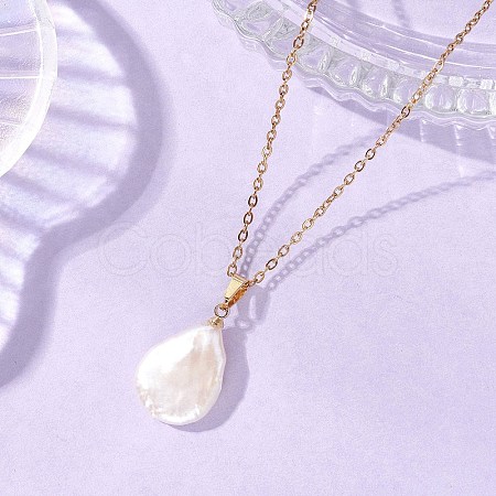 Baroque Natural Keshi Pearl Teardrop Pendant 304 Stainless Steel Cable Chain Necklaces for Women NJEW-JN05961-1