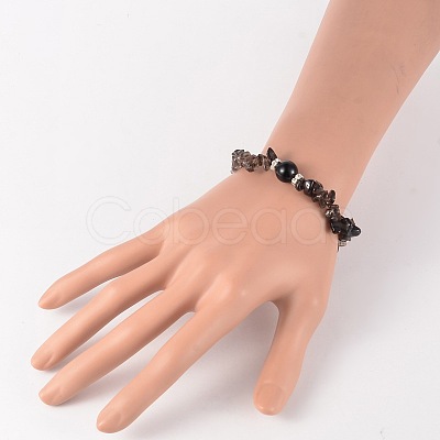 Chips Natural Smoky Quartz Beaded Stretch Bracelets BJEW-JB02131-05-1