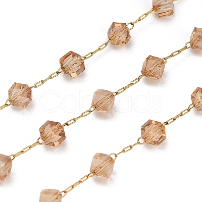 Handmade 304 Stainless Steel Glass Beads Cube Link Chains CHS-B011-04G-02-1