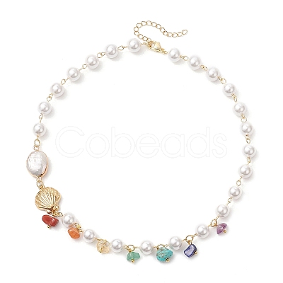 Round Shell Pearl & Natural Keshi Pearl Link Chain Necklaces NJEW-JN05332-1