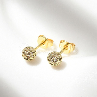 Round Brass Micro Pave Clear Cubic Zirconia Stud Earrings EJEW-D311-107G-1