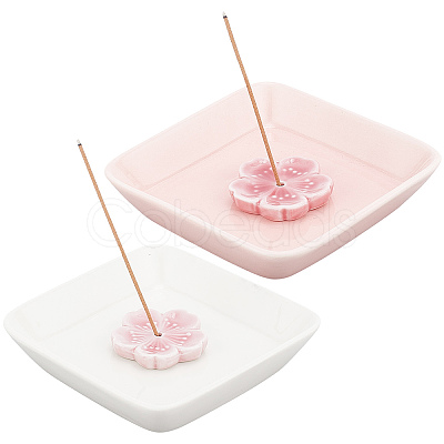 CRASPIRE 2Pcs Square Handmade Porcelain Jewelry Plate & 2Pcs Sakura Flower Ceramic Incense Burners AJEW-CP0005-53-1