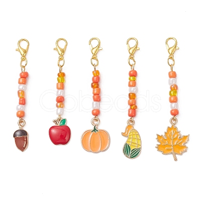 5Pcs 5 Styles Thanksgiving Day Alloy Enamel & Glass Seed Leaf Pumpkin Corn Pendant Decorations HJEW-JM04316-1