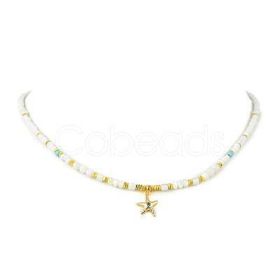 Ocean Brass Pave Blue Cubic Zirconia Sea Animals Pendant Natural Shell and Glass Seed Beaded Necklaces for Women NJEW-JN06345-01-1