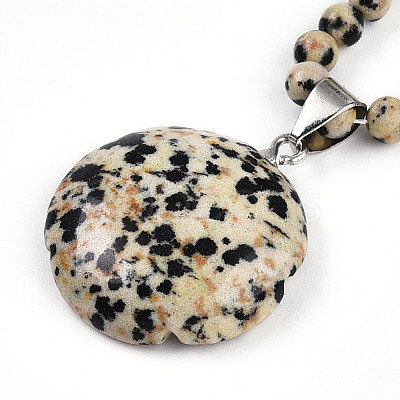 Natural Dalmatian Jasper 4.5mm Round Beaded Flower Pendant Necklaces NJEW-T016-04H-1