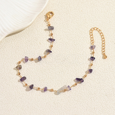 Beach Natural Fluorite Chip Beads Brass Anklets for Women GS4287-2-1