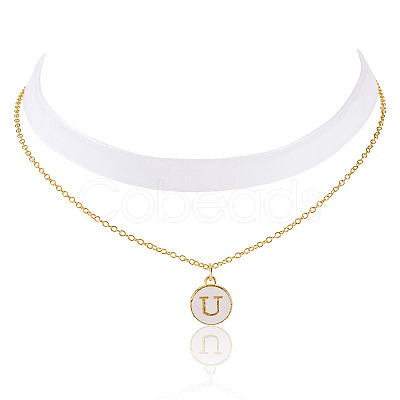 Alloy Enamel Letter Pendant Single Face White Velvet Ribbon & Brass Chain Double Layered Choker Necklaces NJEW-TAC0036-1