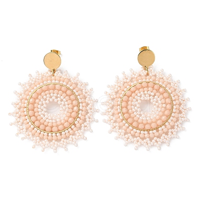 Woven Glass & Brass Beaded Sun Dangle Stud Earrings EJEW-A105-02G-1