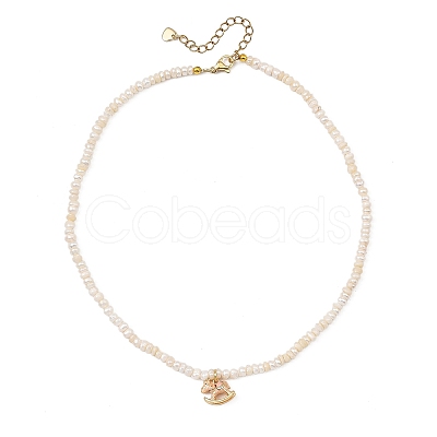 Brass Enamel Pink Rocking Horse Pendant Natural Cultured Freshwater Pearl Beaded Necklaces for Women NJEW-JN06163-1