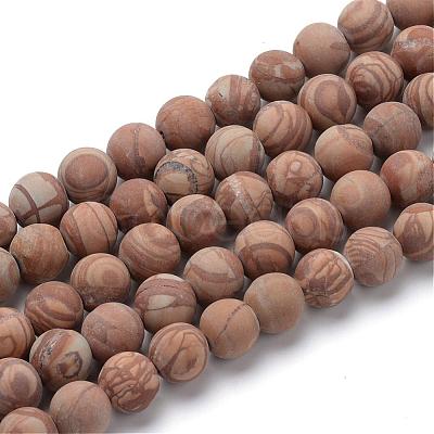 Natural Wood Lace Stone Round Bead Strands G-T055-8mm-06-1