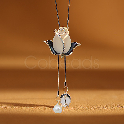 Flower Alloy Crystal Rhinestone & Plastic Pearl Long Tassel Y Necklaces for Women FS-WG6712B-02-1